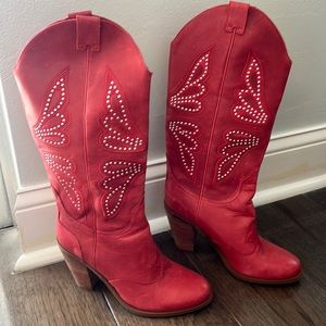 Jessica Simpson red leather boots sliver emblemishment worn twice